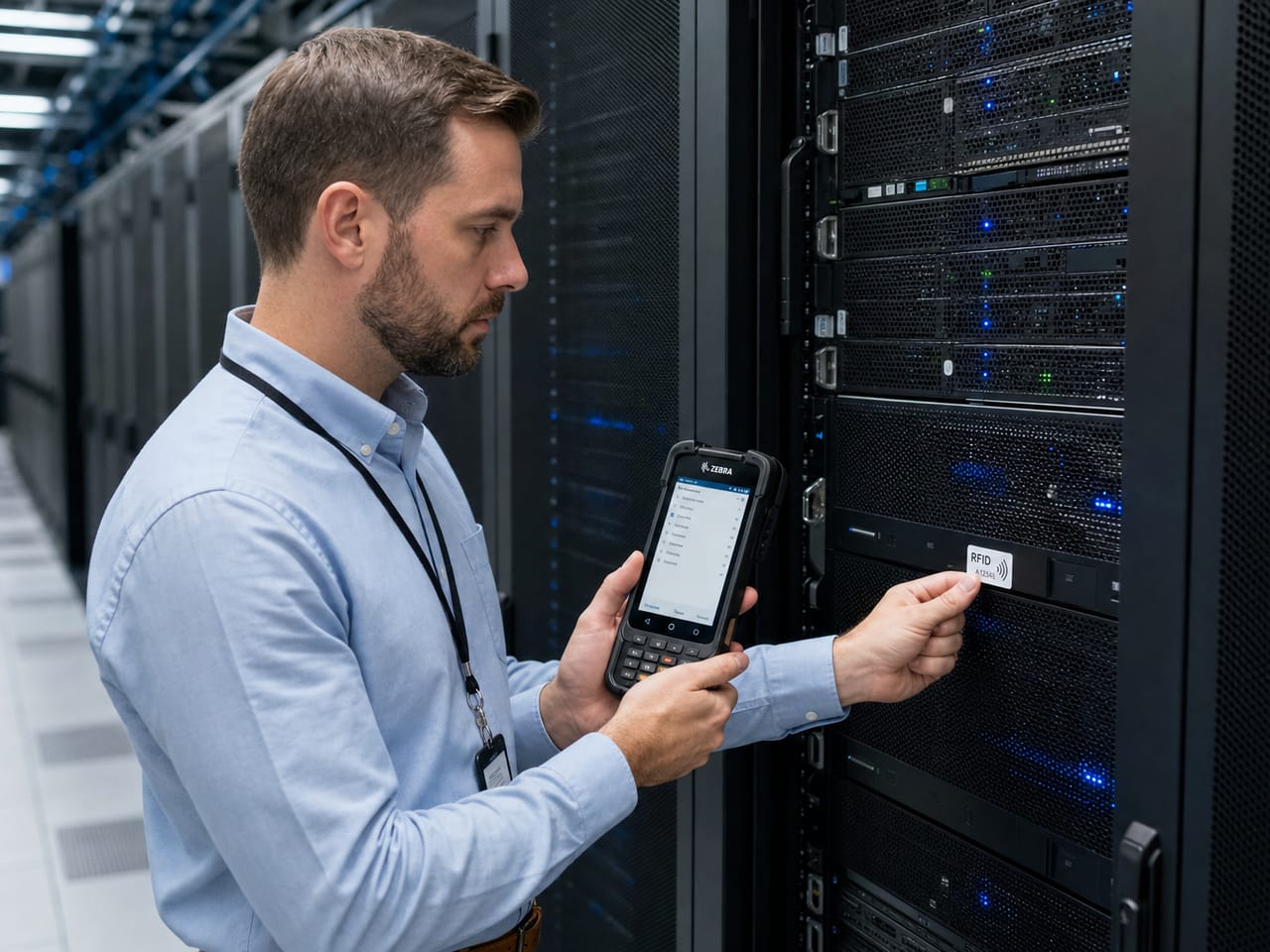 Data center technician scanning an RFID asset tag on a server rack with a Zebra handheld reader