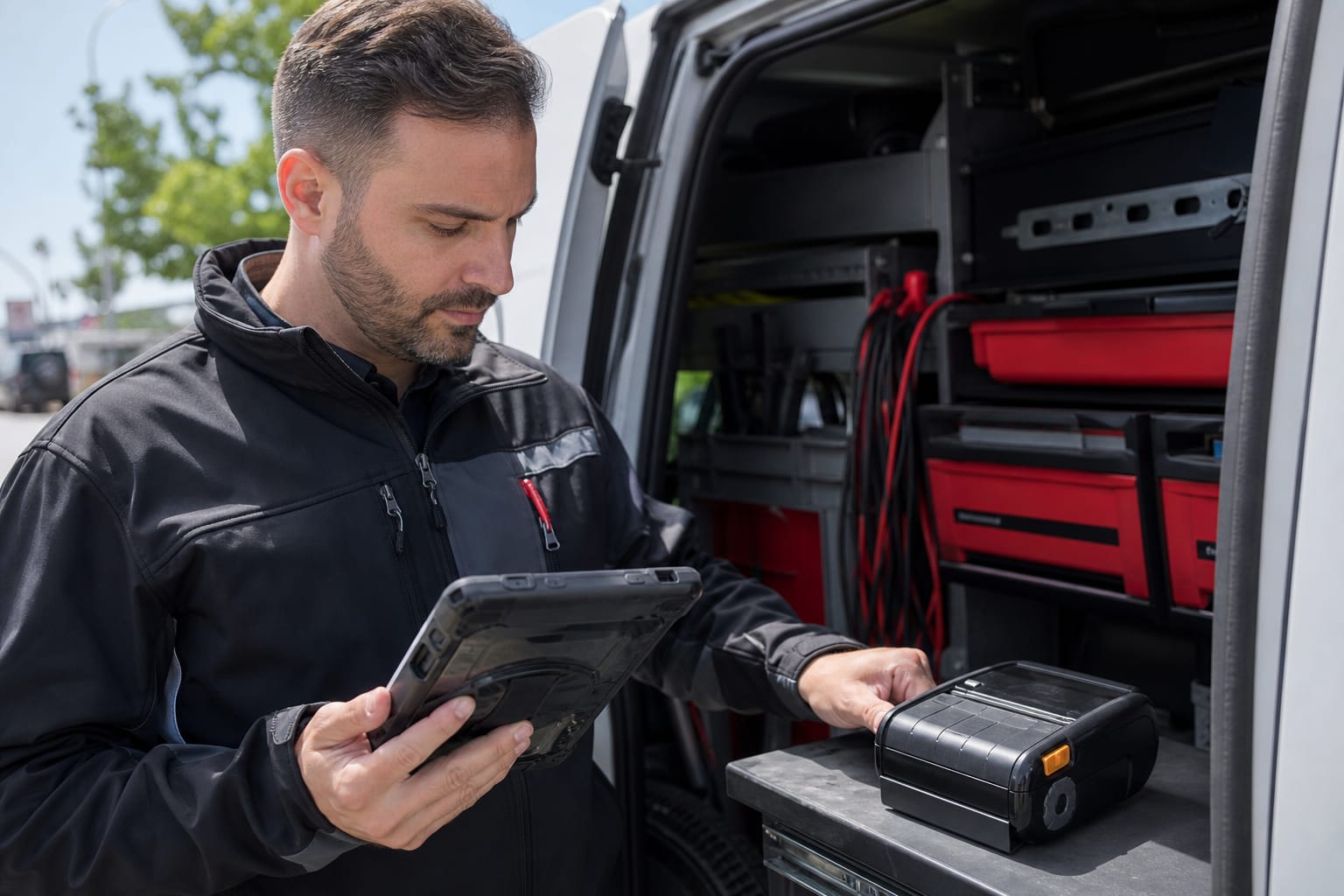 Field service technician holding a rugged tablet beside a portable mobile label printer at a service van