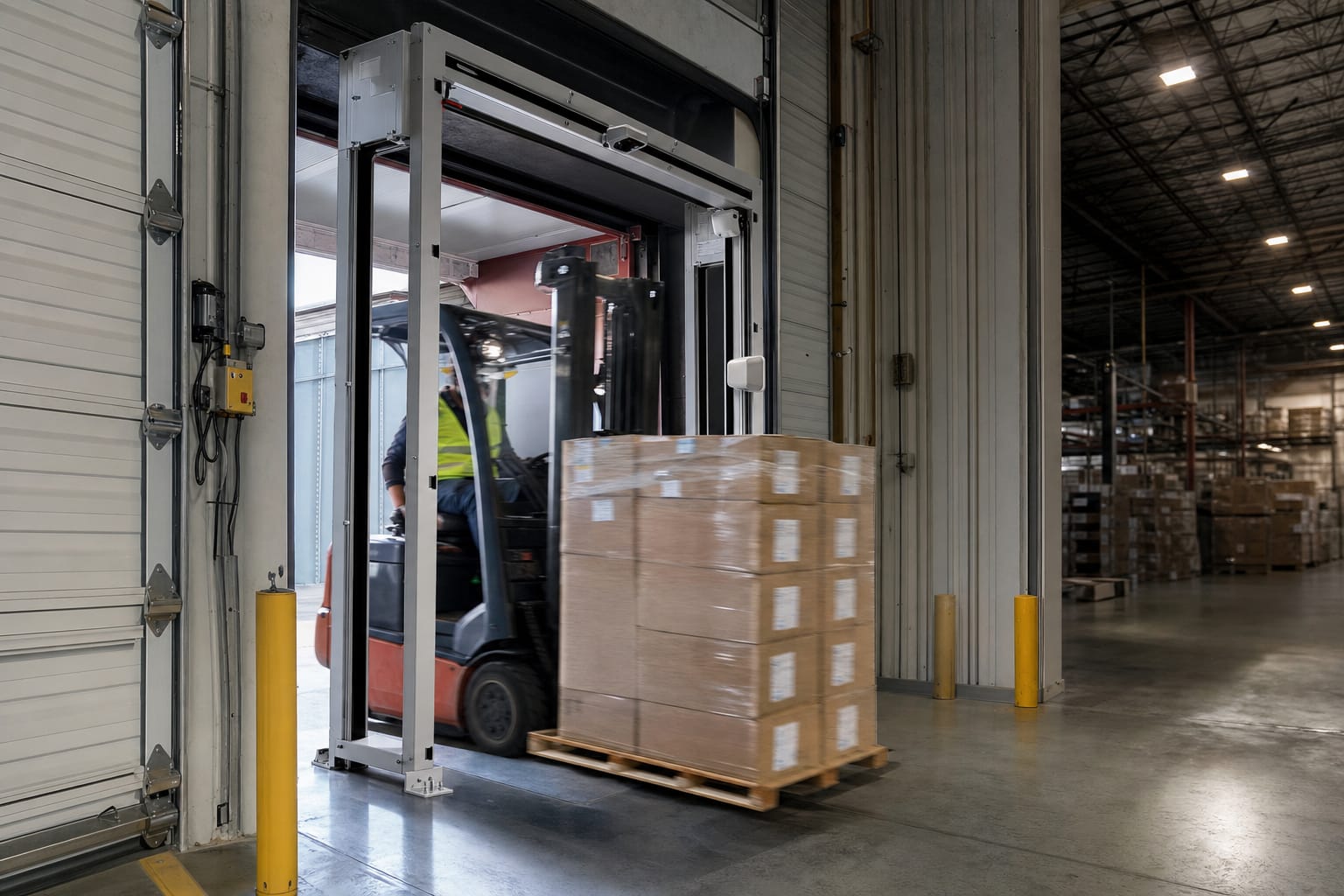Forklift carrying a shrink-wrapped pallet through an RFID portal reader at a warehouse loading dock